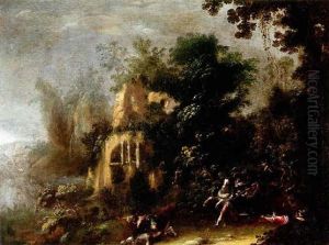A Wooded Landscape With A Skirmish In The Foreground by Jacques Courtois