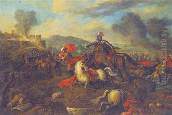 A Cavalry Battle Between Turks And Christians On A Beach, A Castle Under Siege Beyond - view 1