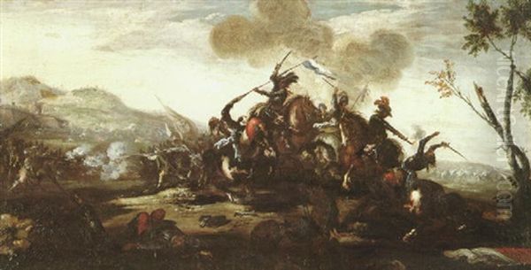 Mounted Figures In A Battle Skirmish With Infantry Soldiers Beyond - view 1