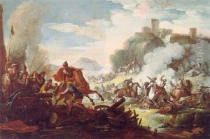 Reitergefecht In Einer Landschaft Zu Fusen Einer Befestigten Bergstadt by Jacques Courtois
