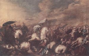 A Battle Scene With Numerous Figures And An Armoured Soldier Bearing A Standard On A White Charger