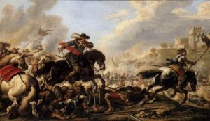 A Cavalry Engagement With A Horseman Holding A Flag High And A Fortified Town Beyond A Cavalry Engagement With A Horseman Holding A Flag High And A Fortified Town Beyond