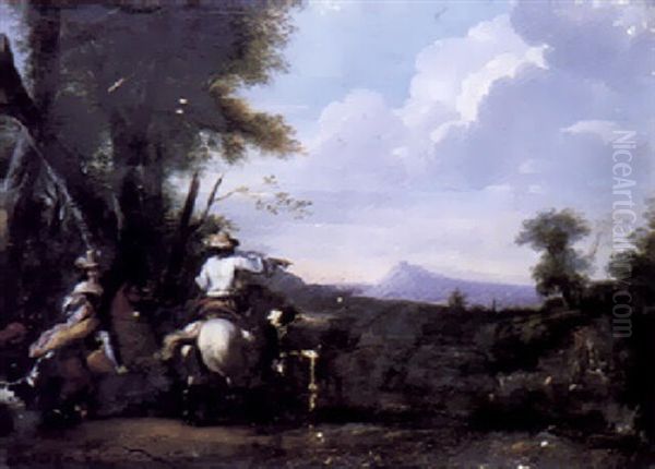 A Wooded Landscape With An Elegant Couple Out Hunting - view 1