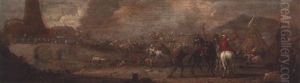 A Cavalry Skirmish On A Bridge By An Encampment by Jacques Courtois