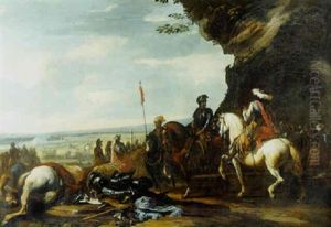 Military Commanders By A Rocky Outcrop Before A Battlefield