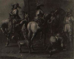 Courtiers Preparing To Leave For The Hunt by Jacques Courtois