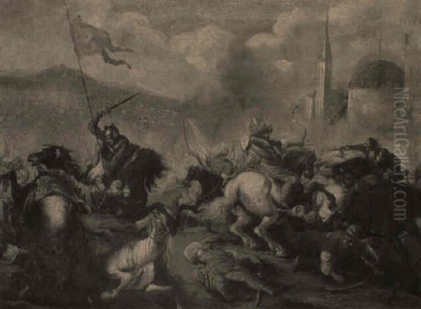 A Cavalry Skirmish With A Moorish Temple Beyond - view 1