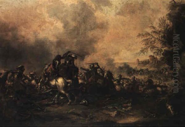Cavalry Battle With The Ruins Of A Castle In The Distance - view 1