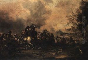 Cavalry Battle With The Ruins Of A Castle In The Distance