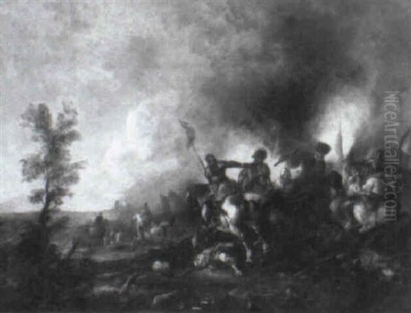A Cavalry Engagement Before A Military Encampment - view 1