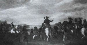 Cavalry Officers Riding Towards A Battle Raging In A Valley Cavalry Officers Riding Towards A Battle Raging In A Valley