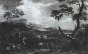 Auf Der Anhohe Vor Einem Italienischen Palazzo Haben        Mittelalterlich Gekleidete Soldaten Mit Ihren Pferden...) by Jacques Courtois