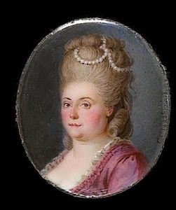 A Lady, Wearing Mauve Dress Trimmed With White, Her Hair Woven With Strings Of Pearls