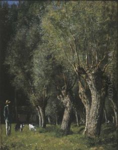 A Hunter And His Dogs Beside A Stream Lined With Willows by Charles-Jean-Louis Courtry