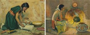 Pueblo Indian Girl And Firelight (pair) by Eanger Irving Couse