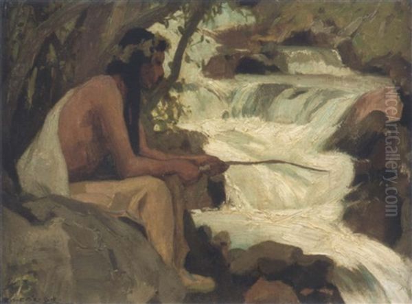 Indian Fishing By A Stream - view 1