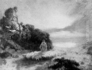 Shepherd With Sheep At Dusk