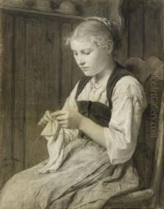 A Girl Knitting by Albert Anker