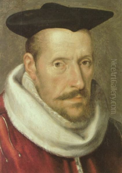 A Portrait Of A Gentleman In A Red Velvet Jacket And A Black Hat - view 1