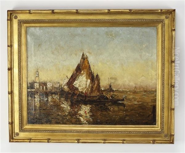 Sailboats Along The Water In Venice At Sunset, The Campanile Of The Piazza San Marco In The Distance - view 1