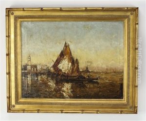 Sailboats Along The Water In Venice At Sunset, The Campanile Of The Piazza San Marco In The Distance