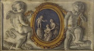 Trompe L'oil Avec Un Bas-relief Representant Deux Putti Et Une Offrande A L'amour Dans Un Medaillon by Jean Coustou