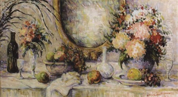 Fleurs Et Fruits Sur La Nappe Blanche - view 1
