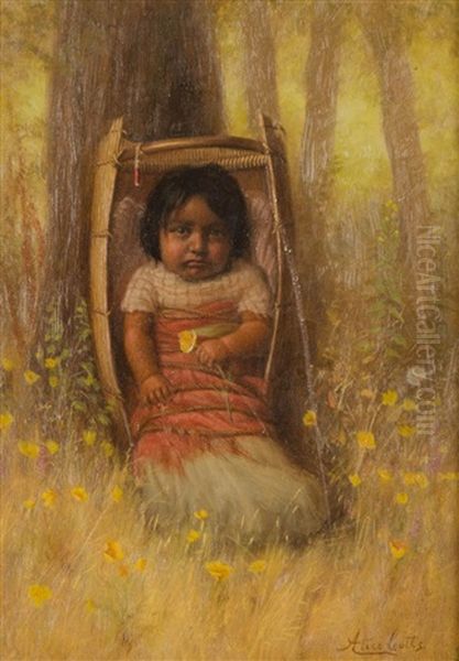 Native American Child In A Papoose Holding A California Poppy - view 1