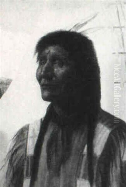 Portrait Of A Native American, Tee Pee And Mountains In The Distance - view 1