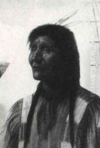 Portrait Of A Native American, Tee Pee And Mountains In The Distance by Alice Coutts