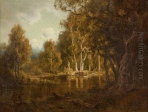 Cattle Watering Near A Woodland Pond