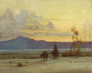 Cowboy With Two Mules Riding Across The Desert by Gordon Coutts