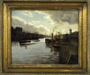 Thames River Scene With Ships, Barges And Warehouses