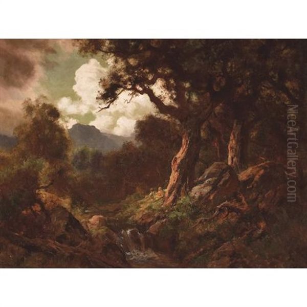 Figures Under A Sheltering Tree By A Waterfall - view 1