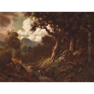 Figures Under A Sheltering Tree By A Waterfall Figures Under A Sheltering Tree By A Waterfall