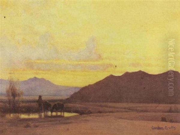 A Desert Landscape At Dusk With Prospector And Burros At A Watering Hole - view 1