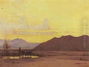 A Desert Landscape At Dusk With Prospector And Burros At A Watering Hole by Gordon Coutts