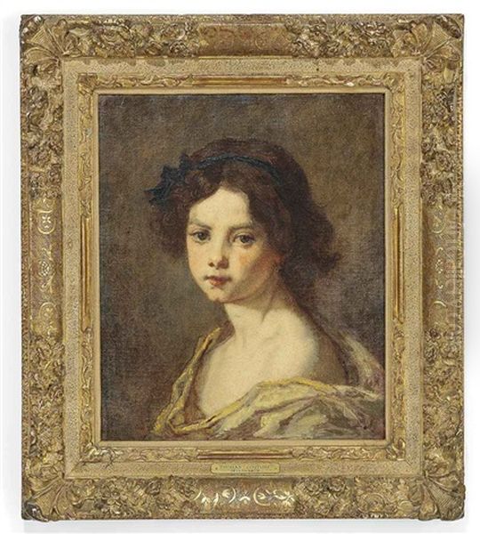Portrait Of A Girl, Head And Shoulders, Ribbon In Her Hair With A Yellow Warp Around Her Shoulders - view 1