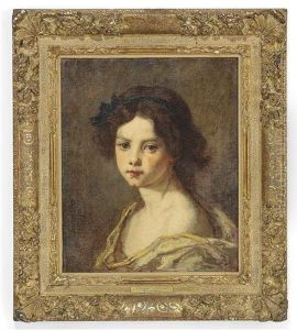 Portrait Of A Girl, Head And Shoulders, Ribbon In Her Hair With A Yellow Warp Around Her Shoulders by Thomas Couture