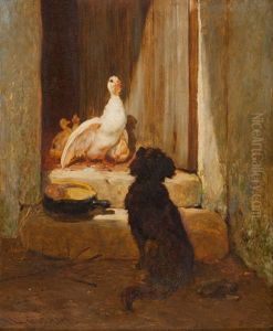 Hund, Eine Gansefamilie Beobachtend by Leon-Antoine-Lucien Couturier
