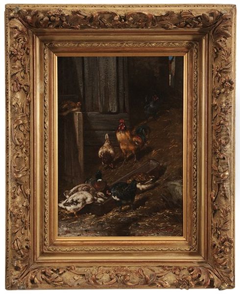 Chickens And Ducks Feeding At A Trough - view 1