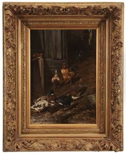 Chickens And Ducks Feeding At A Trough by Philibert-Leon Couturier