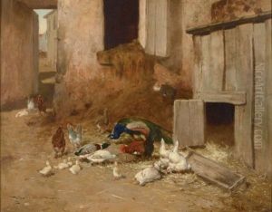 Scene De Basse Cour Avec Paon Et Canard by Philibert-Leon Couturier