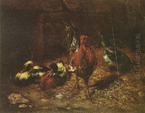 A Cock, Chickens And Ducks In A Stable Interior A Cock, Chickens And Ducks In A Stable Interior