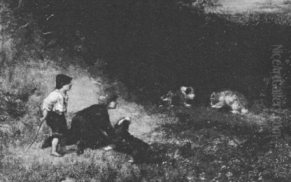 Children And Dogs Rabbiting In Woodland Grove - view 1