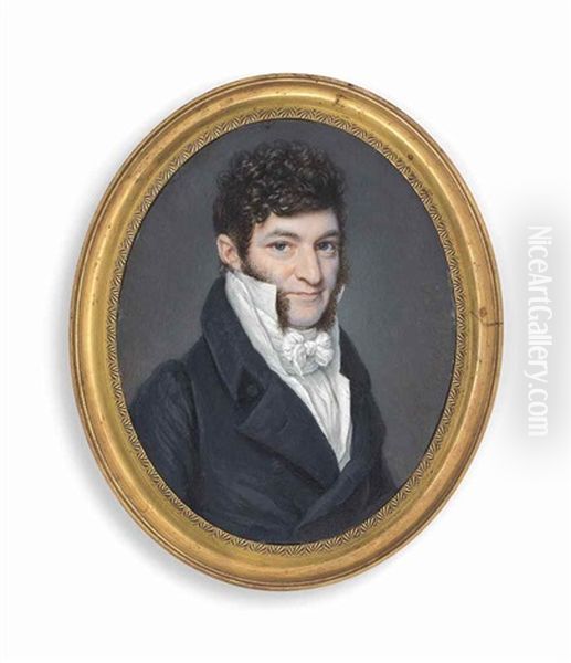 Adolf Bernhard Scheibler (1768-1833), In Black Double-breasted Coat, White Knotted Cravat, High Stand Collar, Curling Hair And Long Sideburns - view 1