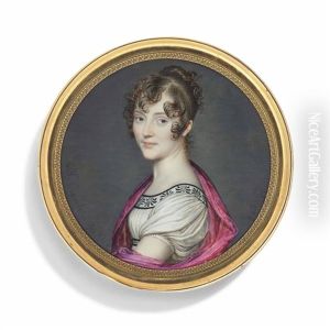 A Young Lady, In White Dress With Acanthus Leaf Motif Border, A Crimson Shawl Draped Over Her Right Shoulder by Jean-Baptiste Couvelet