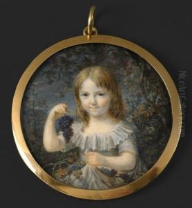 Portrait De Mademoiselle Antoinette Pauffin En Robe De Voile Blanc, De Trois-quarts, Presque De Face, Tenant Une Grappe De Raisins, D'autres Ramassees Dans Sa Robe; Elle Est Vue Sur Fond De Paysage by Jean-Baptiste Couvelet