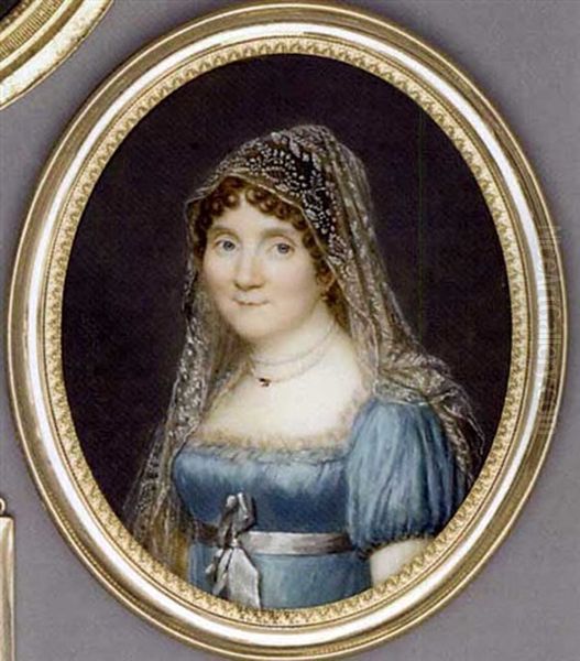 A Young Lady In Cream-lace Bordered Pale Blue Silk Dress, Grey Sash Tied In A Bow, Double Strand Pearl Necklace, Embroidered Gauze Veil In Her Curling Brown Hair - view 1