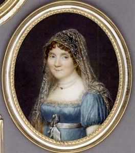 A Young Lady In Cream-lace Bordered Pale Blue Silk Dress, Grey Sash Tied In A Bow, Double Strand Pearl Necklace, Embroidered Gauze Veil In Her Curling Brown Hair